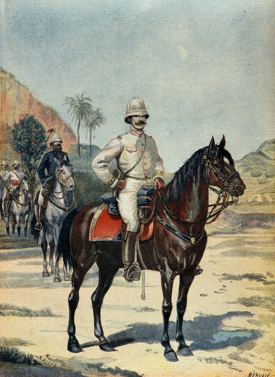 Kenraali Joseph Gallieni Madagaskarissa vuonna 1899 (kaiverrus). tekijältä Fortune Louis Meaulle