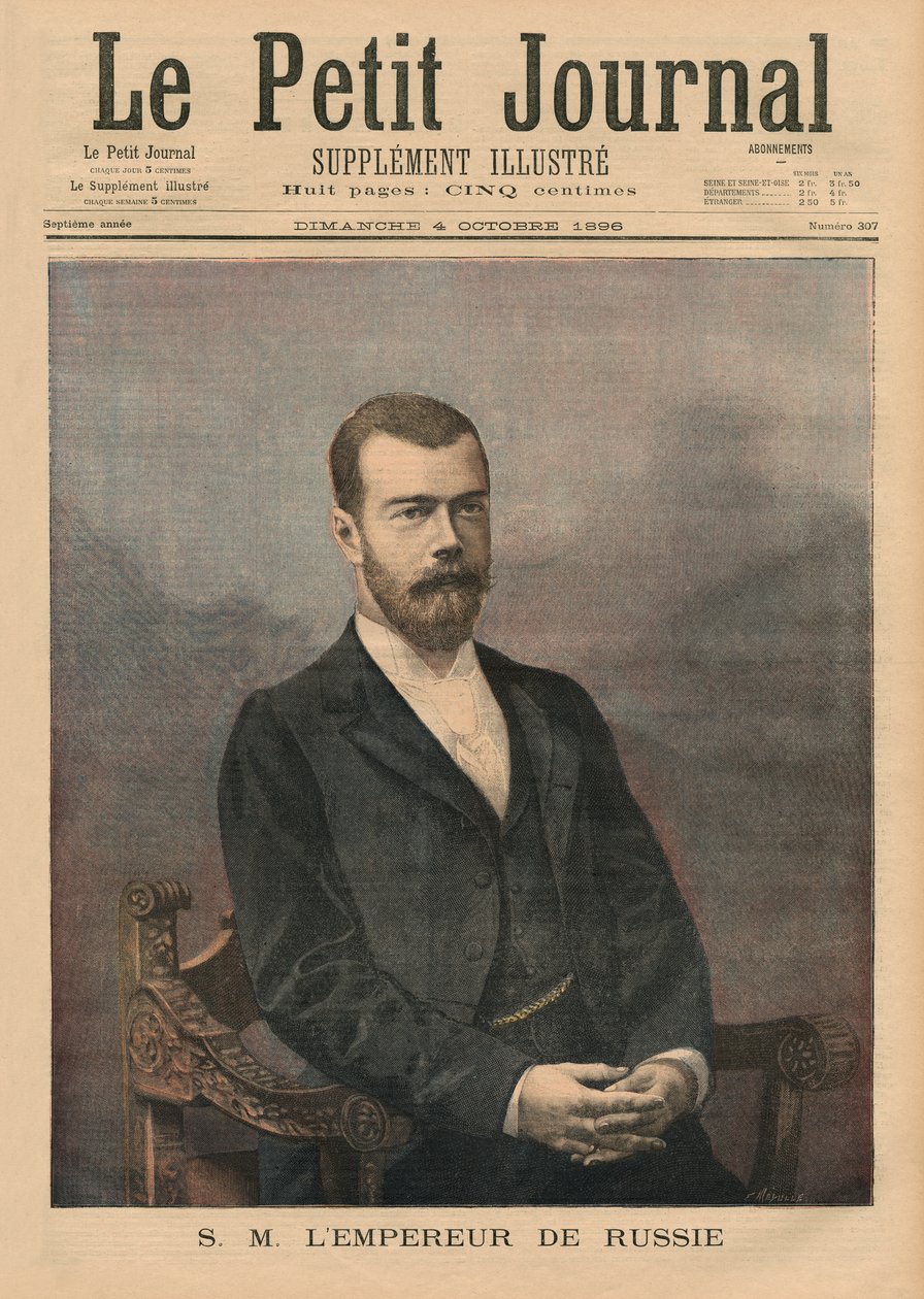 Hänen Majesteettinsa Venäjän keisari Nikolai II, "Le Petit Journalin" etukannen kuvitus, liitekuva, 4. lokakuuta 1896 (coulour litho) tekijältä Fortune Louis Meaulle