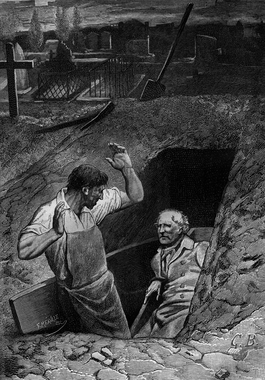 Kuvitus Victor Hugon romaaniin "Les Miserables" (2. osa: Cosette), Meaullen kaiverrus: Fauchelevent ja Jean Valjean tekijältä Fortune Louis Meaulle