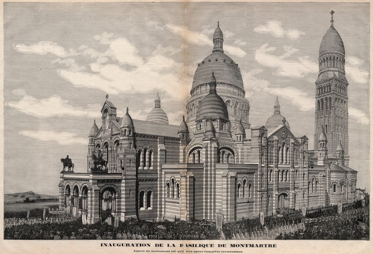 Sacre-Coeur-basilikan vihkiminen Montmartressa vuonna 1891 (muistomerkin ulkonäkö sellaisena kuin se tulee olemaan täydellisen valmistumisen jälkeen) - Meaullen kaiverrus vuonna 1891 tekijältä Fortune Louis Meaulle
