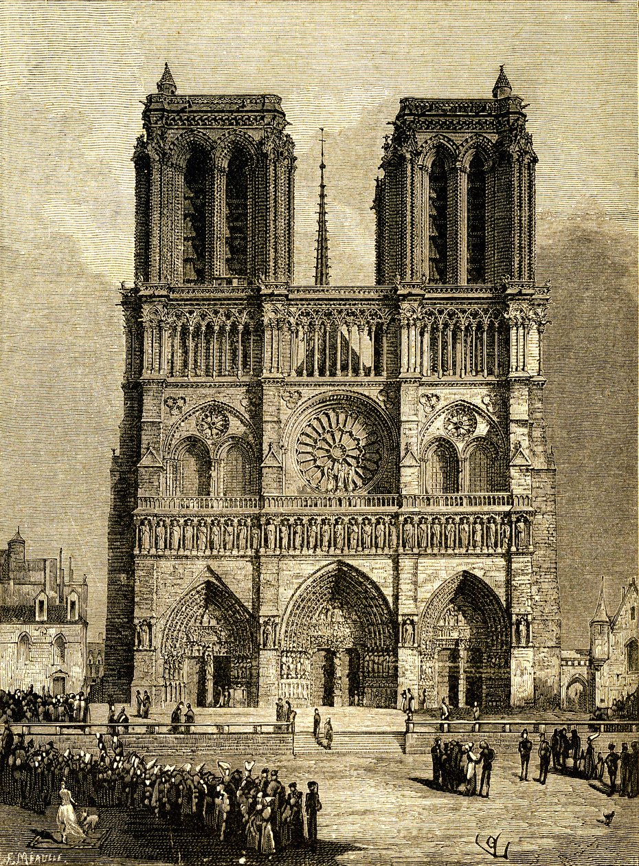 Notre-Dame de Paris (Notre-Dame) vuonna 1482: länsijulkisivu ja parvis. F. Meaullen kaiverrus, joka perustuu Viollet le Ducin (Viollet-le-Duc) piirrokseen, joka kuvittaa Victor Hugon samannimistä romaania, Ollendorffin kustantamo 1900-luvun alussa. Vasemma tekijältä Fortune Louis Meaulle