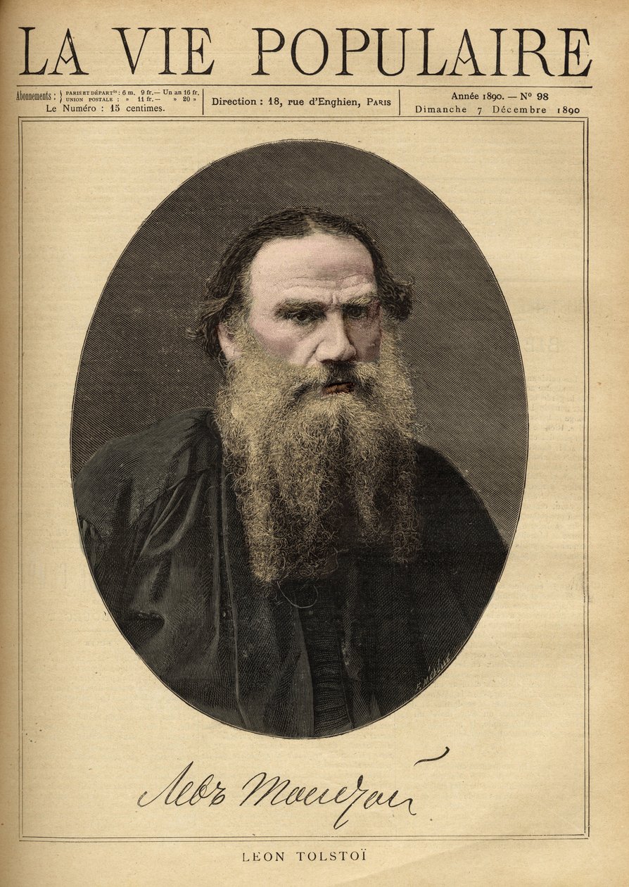 Muotokuva Leon Tolstoista (1828-1910), venäläisestä kirjailijasta. Kuvitus F. Meaulle. Kaiverrus vuodelta 1890 kirjassa "La vie populaire". Yksityinen kokoelma tekijältä Fortune Louis Meaulle