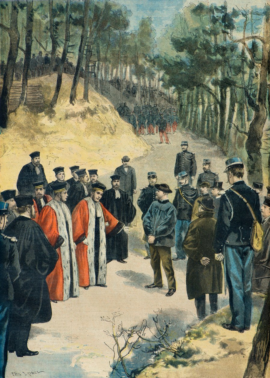 Limoursin apteekkarin murhan rekonstruktio vuonna 1897 (kaiverrus). tekijältä Fortune Louis Meaulle