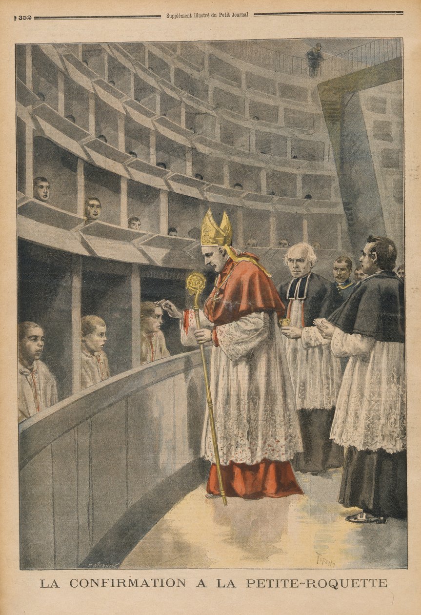Uskonnollinen vahvistus La Petite Roquetten vankilassa, Le Petit Journal, 1. marraskuuta 1896 tekijältä Fortune Louis Meaulle