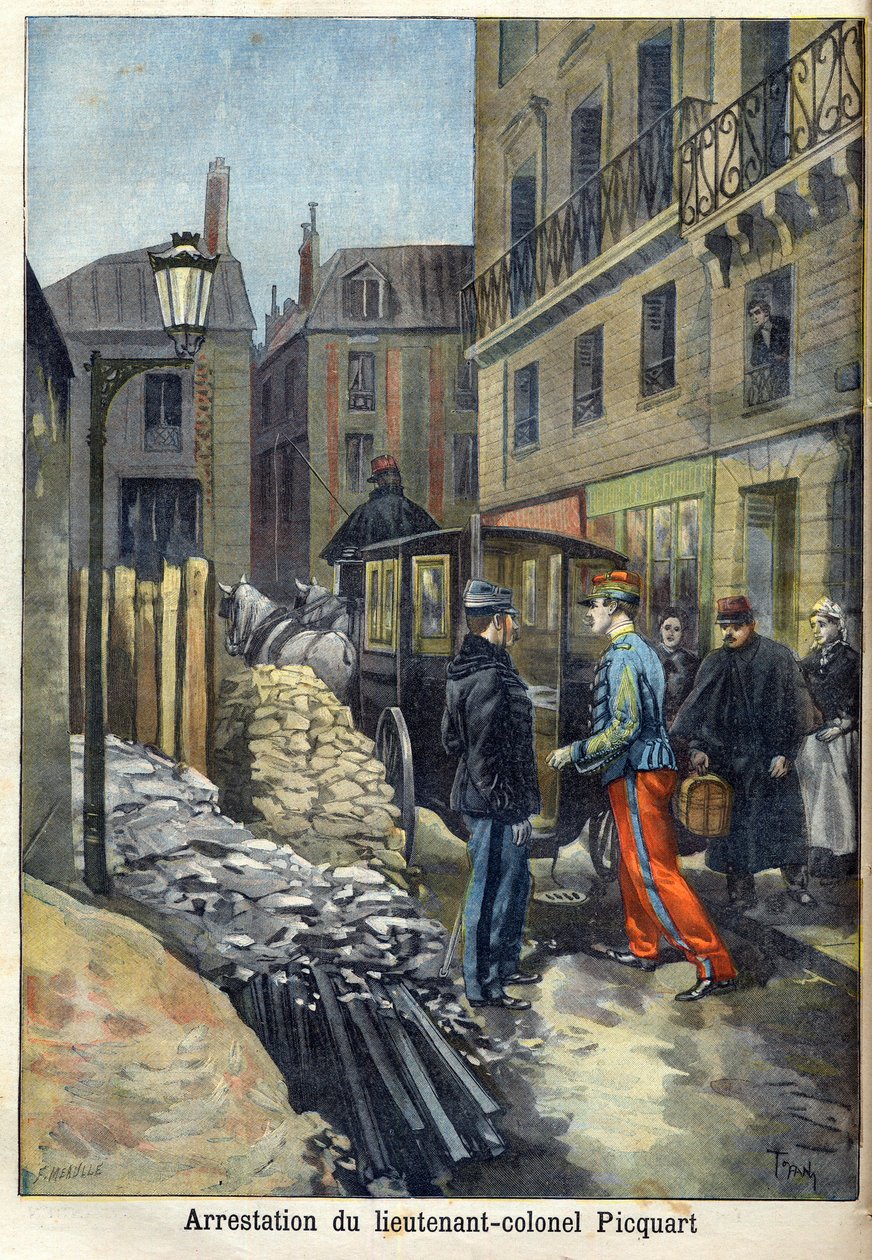 Dreyfusin tapaus "Everstiluutnantti Picquartin (1854-1914) pidätys "Le Petit Journalissa", tammikuu 1898 (kaiverrus) tekijältä Fortune Louis Meaulle