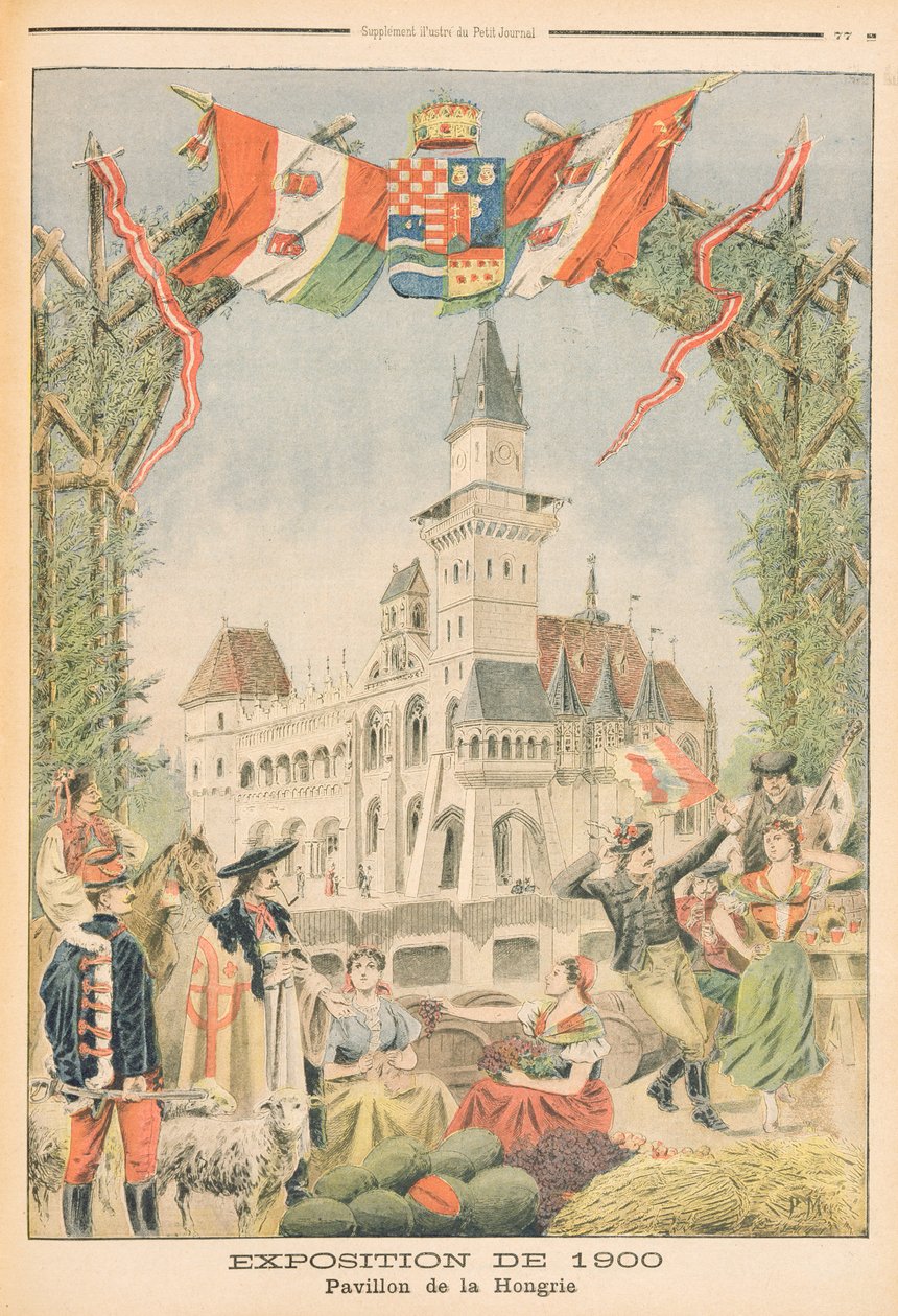 Unkarin paviljonki vuoden 1900 yleisnäyttelyssä Pariisissa, kuvitus "Le Petit Journalista", 11. maaliskuuta 1900 tekijältä Fortune Louis Meaulle
