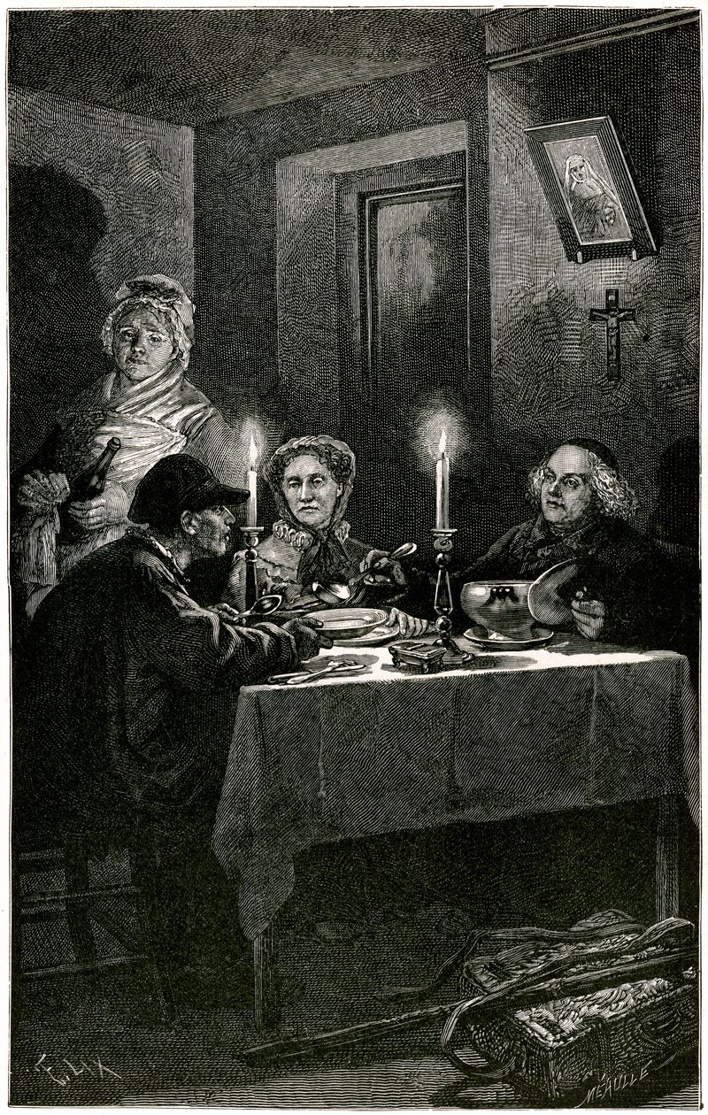 Victor Hugo "Les Miserables" Meaullen kaiverrettu kuvitus Lixistä: Forcat ja Eveque. Jean Valjean, jolle eveque Myriel tarjosi sairaalaa, sitoutuu viimeiseen pakoonsa: isäntänsä hopeaesineisiin. Pöydällä kaksi hopeista kynttilänjalkaa tekijältä Fortune Louis Meaulle