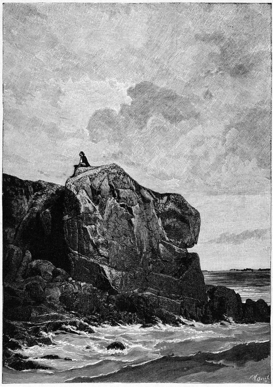 Victor Hugo maanpaossa Jerseyssä vuonna 1855 Proscriit Rockilla. Louis Fortune Meaullen (1844-1901) kaiverrus, josta Hugo sanoi: "I think, il grave". tekijältä Fortune Louis Meaulle
