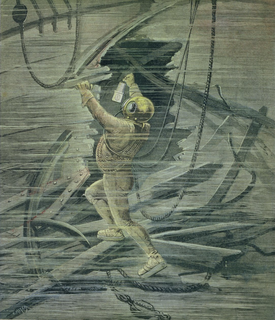 Syvänmeren sukeltaja katselee hylkyjä Le Havren satamassa, Le Petit Journal -lehdestä, 13. helmikuuta 1892. tekijältä Fortune Louis Meaulle and Henri Meyer