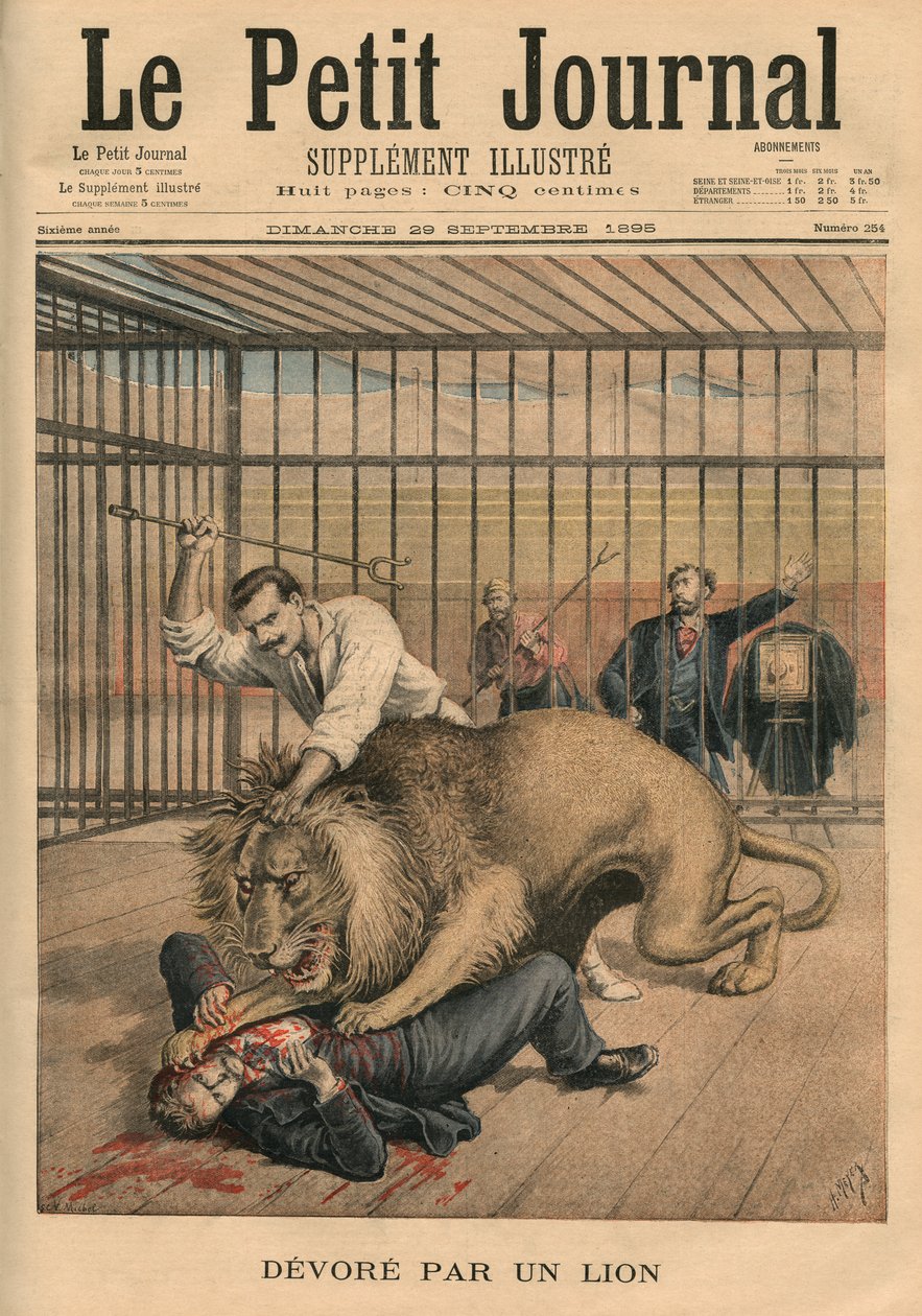 Leijonan syömä, etukannen kuvitus "Le Petit Journalista", liitekuva, 29. syyskuuta 1895 tekijältä Fortune Louis Meaulle and Henri Meyer