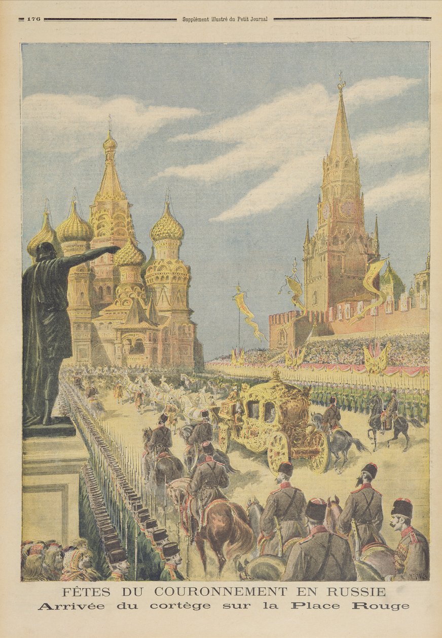Tsaari Nikolai II:n (1894-1917) kruunajaisten juhlat. Korteegin saapuminen Punaiselle torille, Le Petit Journal -lehdestä, 31. toukokuuta 1896 tekijältä Fortune Louis Meaulle and Henri Meyer