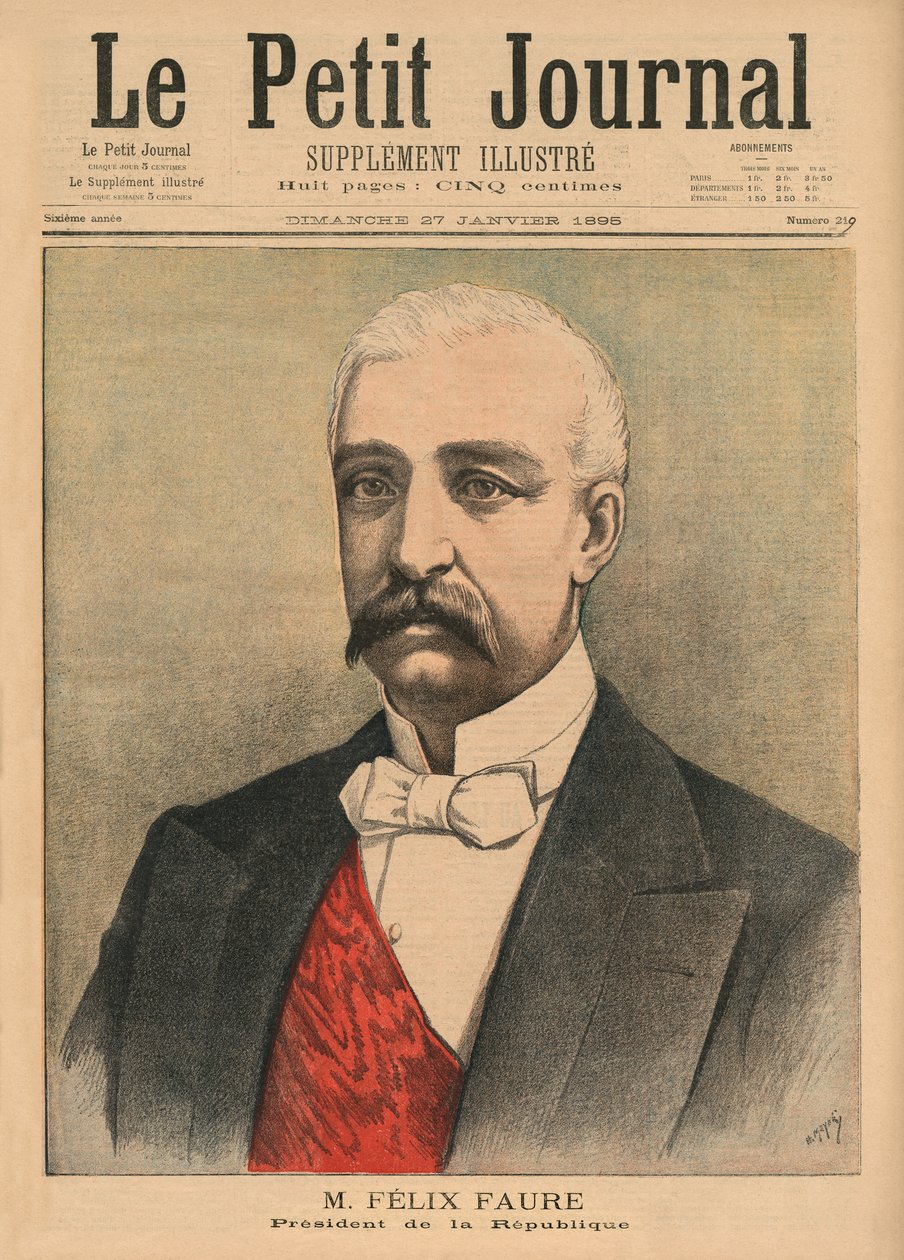 Felix Faure, Ranskan tasavallan presidentti, etukannen kuvitus "Le Petit Journalista", liitekuva, 27. tammikuuta 1895 tekijältä Fortune Louis Meaulle and Henri Meyer