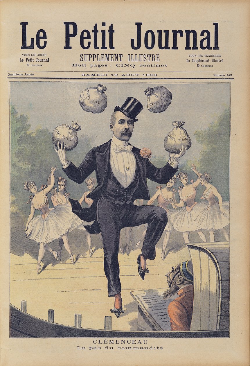 Georges Clemenceau (1841-1929) jongleeraa englantilaisia rahasäkkejä Le Petit Journalista, 19. elokuuta 1893 tekijältä Fortune Louis Meaulle and Henri Meyer