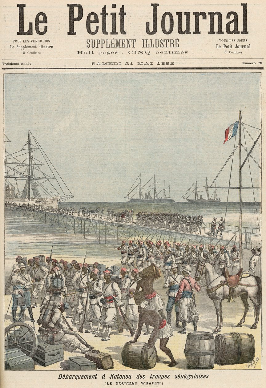 Senegalilaisten joukkojen maihinnousu Cotonoun uudelle laiturille, "Le Petit Journal", 21. toukokuuta 1892 tekijältä Fortune Louis Meaulle and Henri Meyer