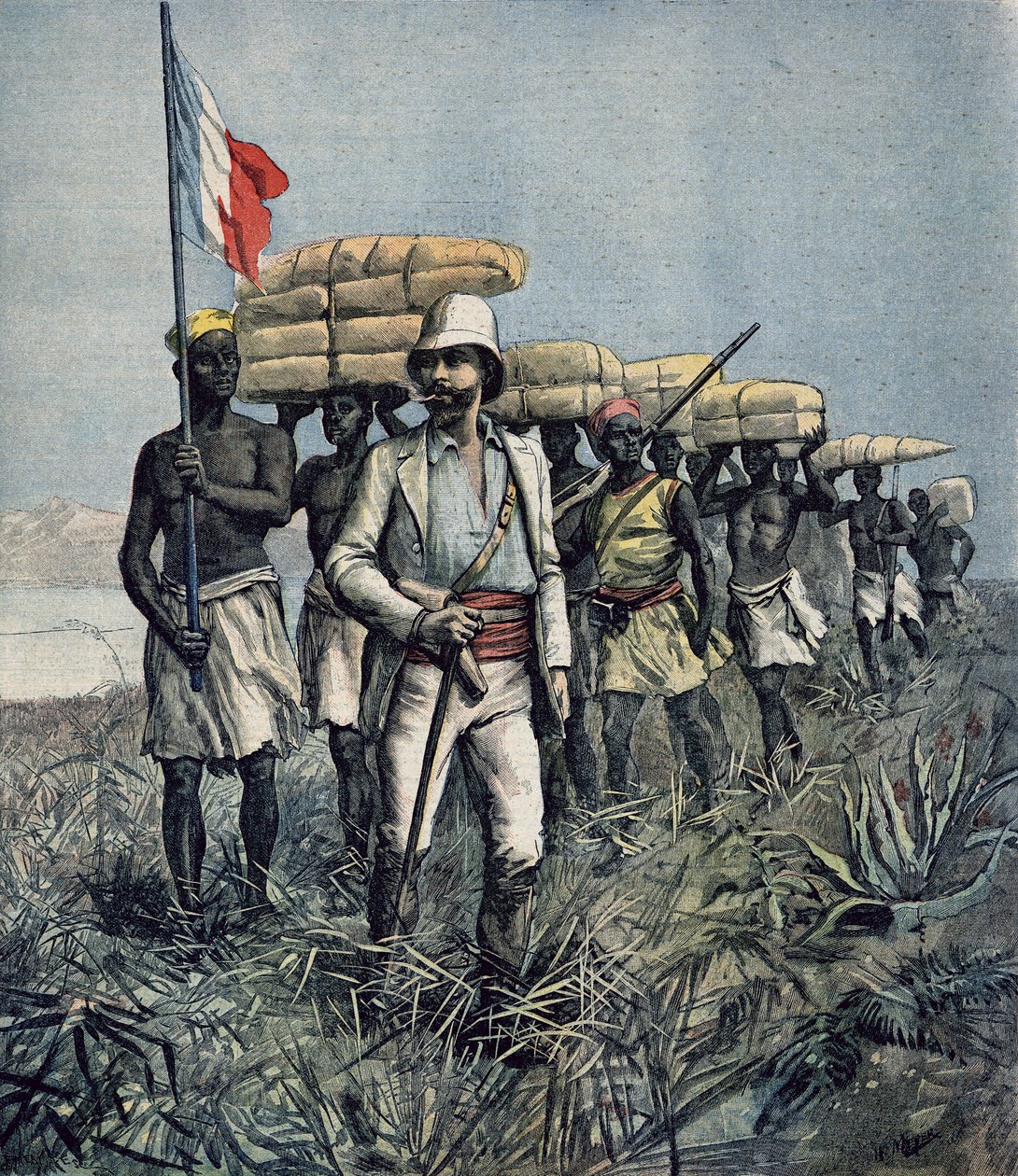 Luutnantti Mizon (1853-99) hänen vuoden 1892 tehtävässään tutkia Benue-joen aluetta Nigeriassa, "Le Petit Journal", heinäkuu 1892 tekijältä Fortune Louis Meaulle and Henri Meyer