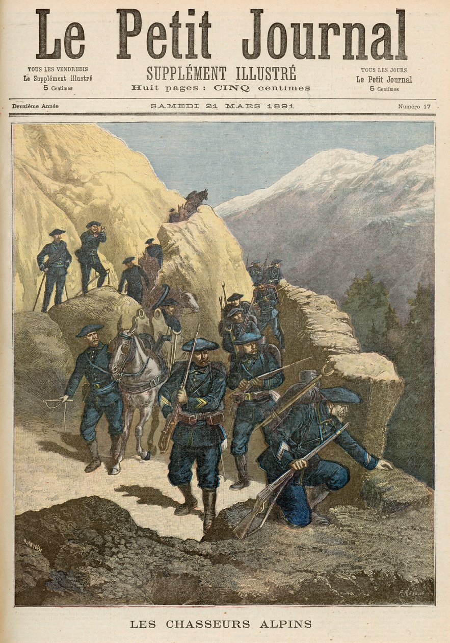 Vuoristojalkaväen sotilaat, Le Petit Journal -lehdestä, 21. maaliskuuta 1891. tekijältä Fortune Louis Meaulle and Henri Meyer