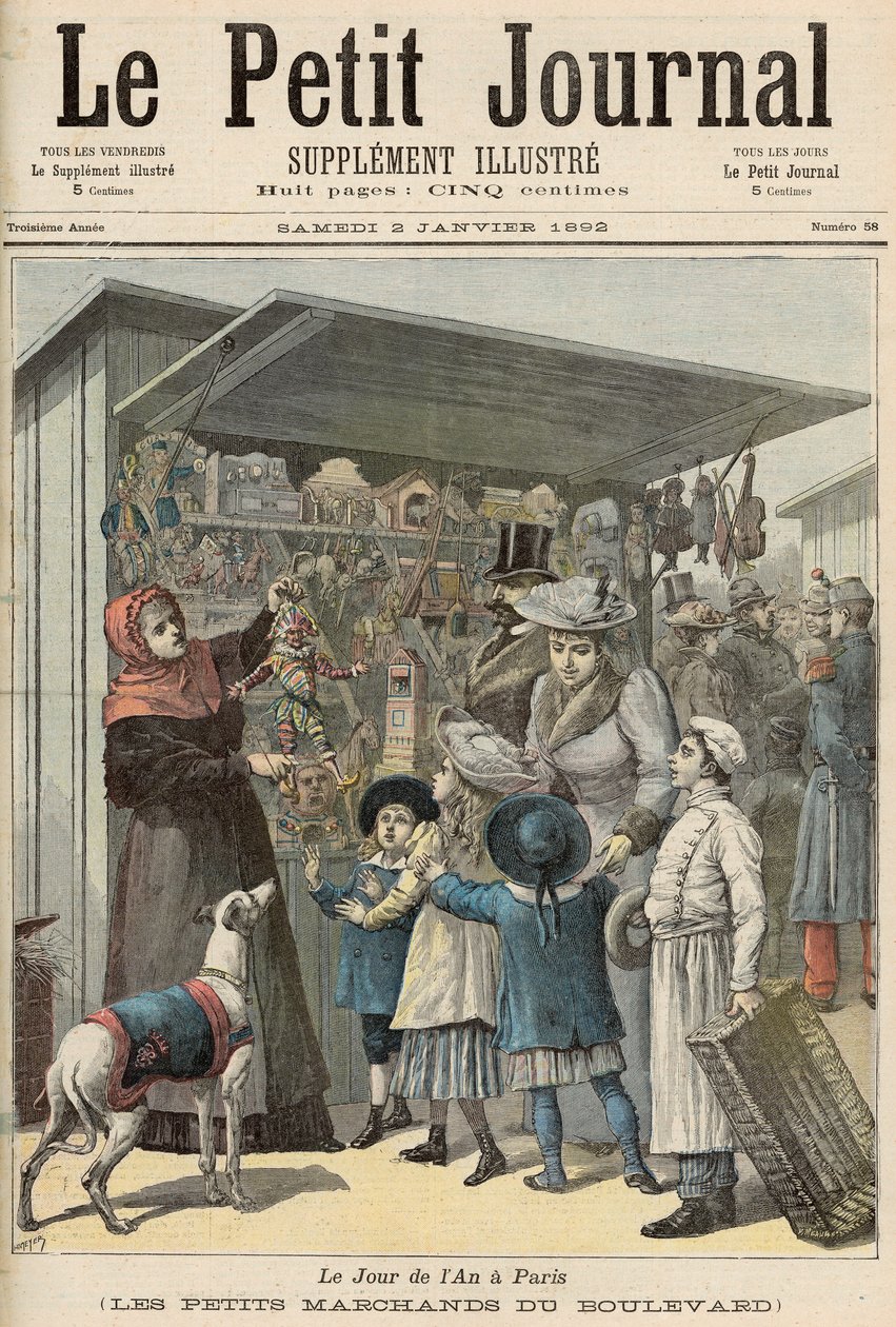 Uudenvuodenpäivä Pariisissa: Boulevardin pienet kojut, Le Petit Journalin kansi, 2. tammikuuta 1892 tekijältä Fortune Louis Meaulle and Henri Meyer