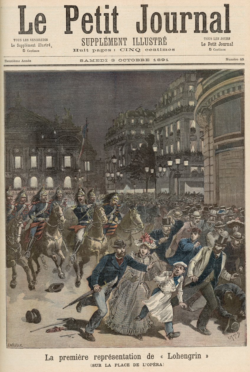 Pariisin mellakoita, jotka vastustivat "Lohengrinin" esitystä Palais Garnierissa, "Le Petit Journal", 3. lokakuuta 1891 tekijältä Fortune Louis Meaulle and Henri Meyer