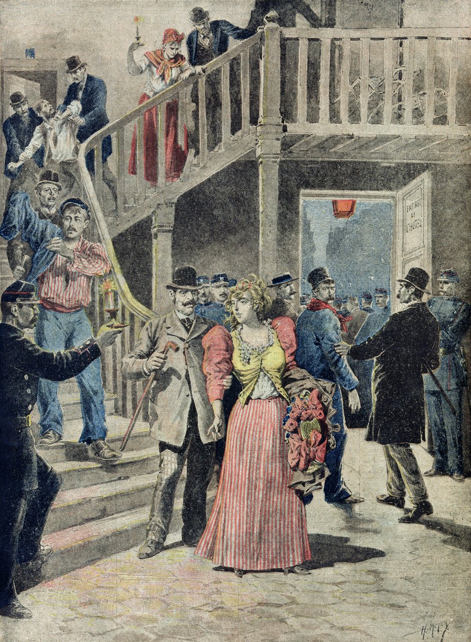 Prostituoitujen pidättäminen pariisilaisissa hotelleissa, Le Petit Journal, 4. elokuuta 1895. tekijältä Fortune Louis Meaulle and Henri Meyer