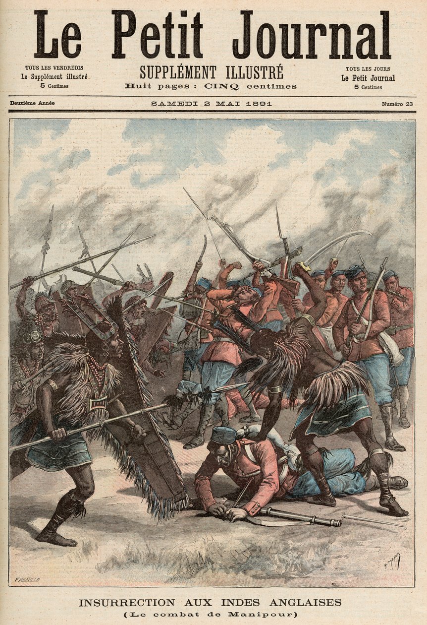 Manipurin taistelu, Le Petit Journal -lehdestä, 2. toukokuuta 1891 (värillinen kaiverrus). tekijältä Fortune Louis Meaulle and Henri Meyer