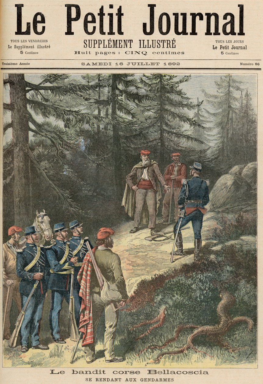 The Corsican Bandit, Jacques Bellacoscia, Antautuminen poliisille, "Le Petit Journal", 16. heinäkuuta 1892 (väri litho) tekijältä Fortune Louis Meaulle and Henri Meyer