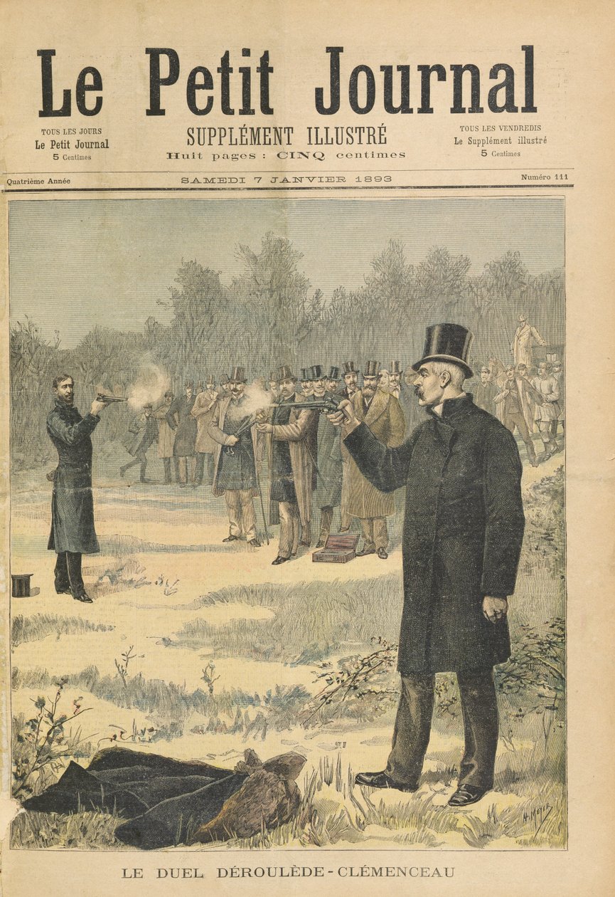 Paul Derouleden (1846-1914) ja Georges Clemenceaun (1841-1929) kaksintaistelu kuva Le Petit Journalista, 7. tammikuuta 1893 tekijältä Fortune Louis Meaulle and Henri Meyer