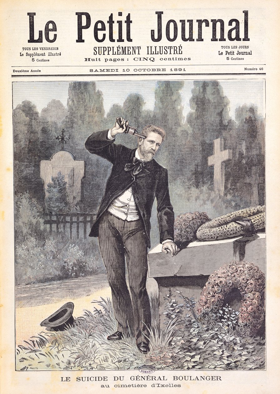 Kenraali Georges Ernest Boulangerin (1837–1891) itsemurha Ixellesin hautausmaalla, Le Petit Journalista, 10. lokakuuta 1891 tekijältä Fortune Louis Meaulle and Henri Meyer