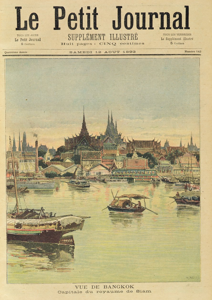 Näkymä Bangkokista, Le Petit Journalista, 12. elokuuta 1893 tekijältä Fortune Louis Meaulle and Henri Meyer