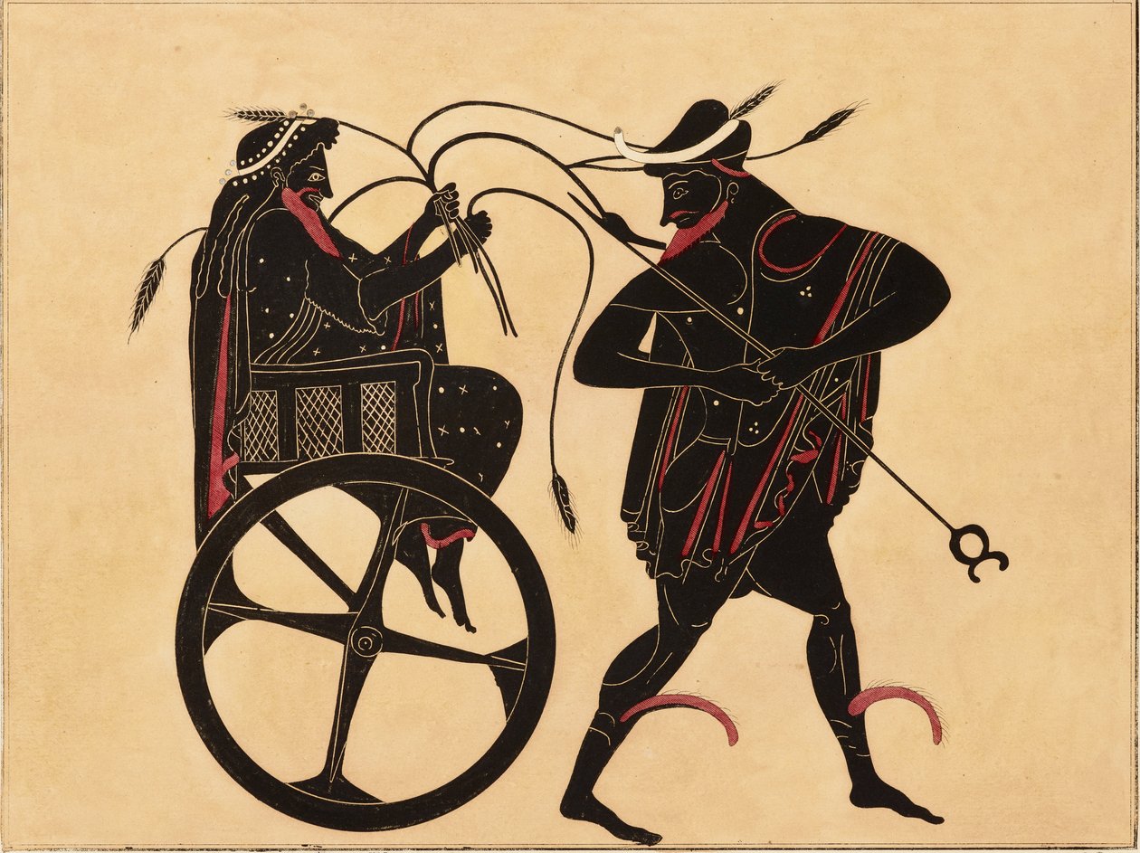 Koristeen vedos kreikkalaiselle amforalle, jossa on Triptolemus ja Hermes, n. 1858. tekijältä Fourquemin