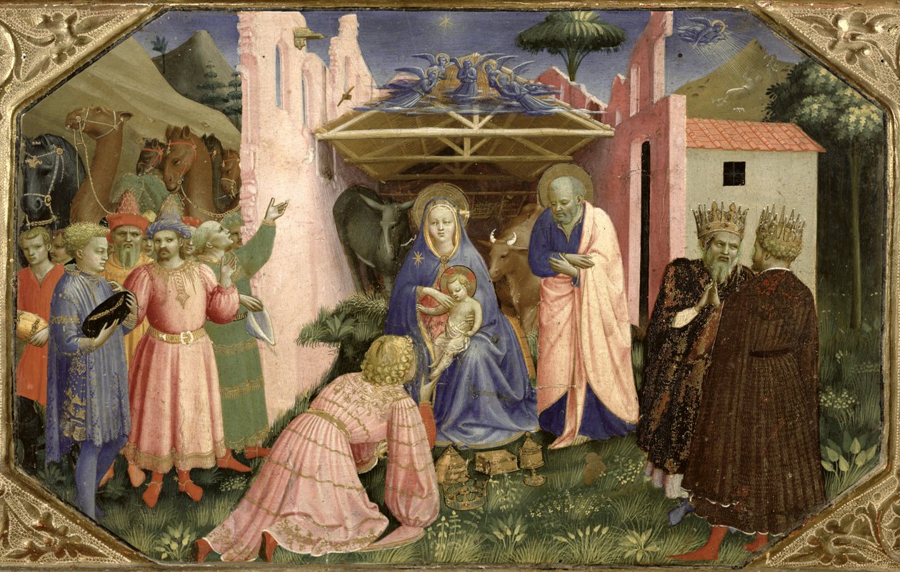 Maagien jumalointi, ilmestysalttaritaulun predellasta, n. 1430-1432 (tempera ja kulta paneelissa) tekijältä Fra Angelico