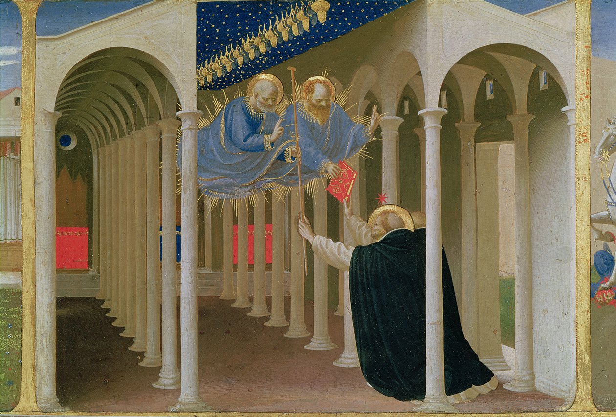 SS:n ilmestyminen. Pietari ja Paavali Pyhälle Dominikukselle, Neitsyen kruunaamisen predella-paneelista, n. 1430-32 (tempera paneelissa) tekijältä Fra Angelico