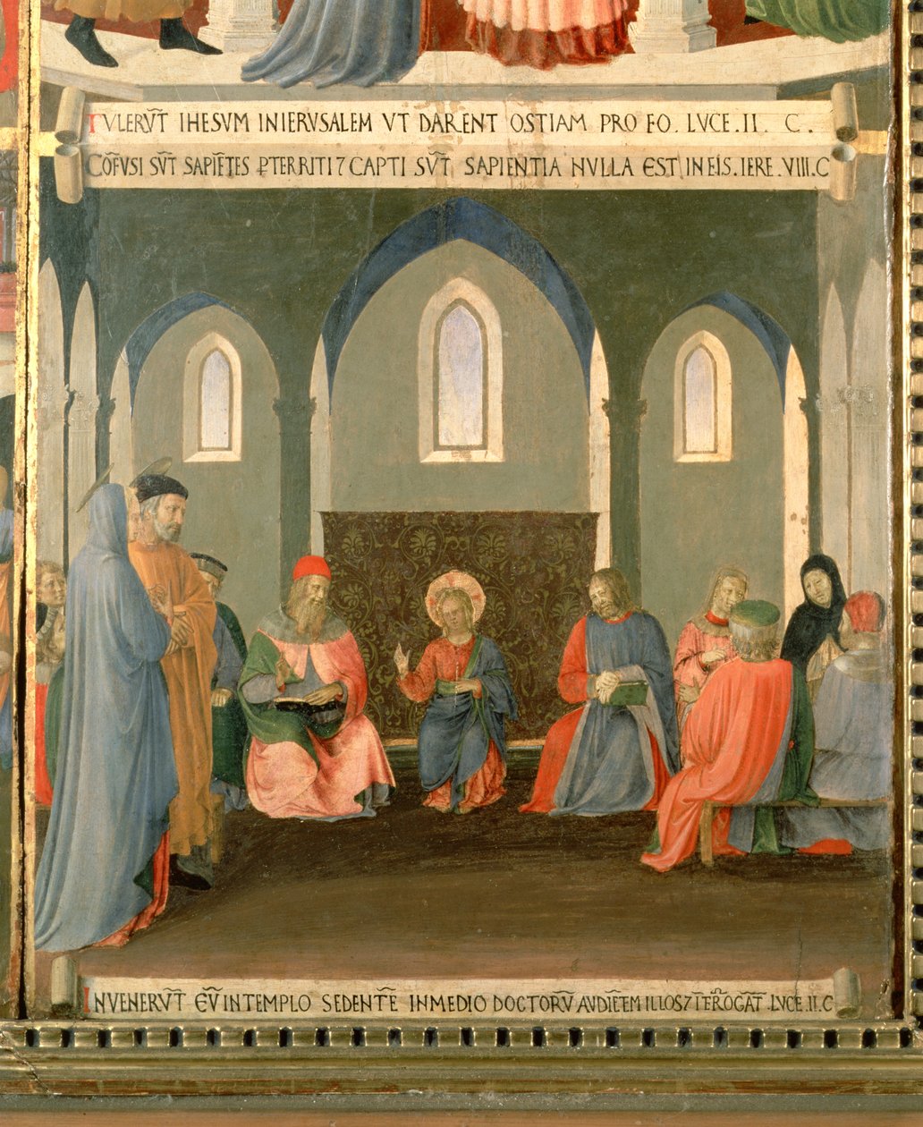 Kristus lääkäreiden joukossa, yksityiskohta Santissima Annunziatan hopeavaraston ensimmäisestä paneelista, n. 1450-1453 (tempera paneelissa) tekijältä Fra Angelico