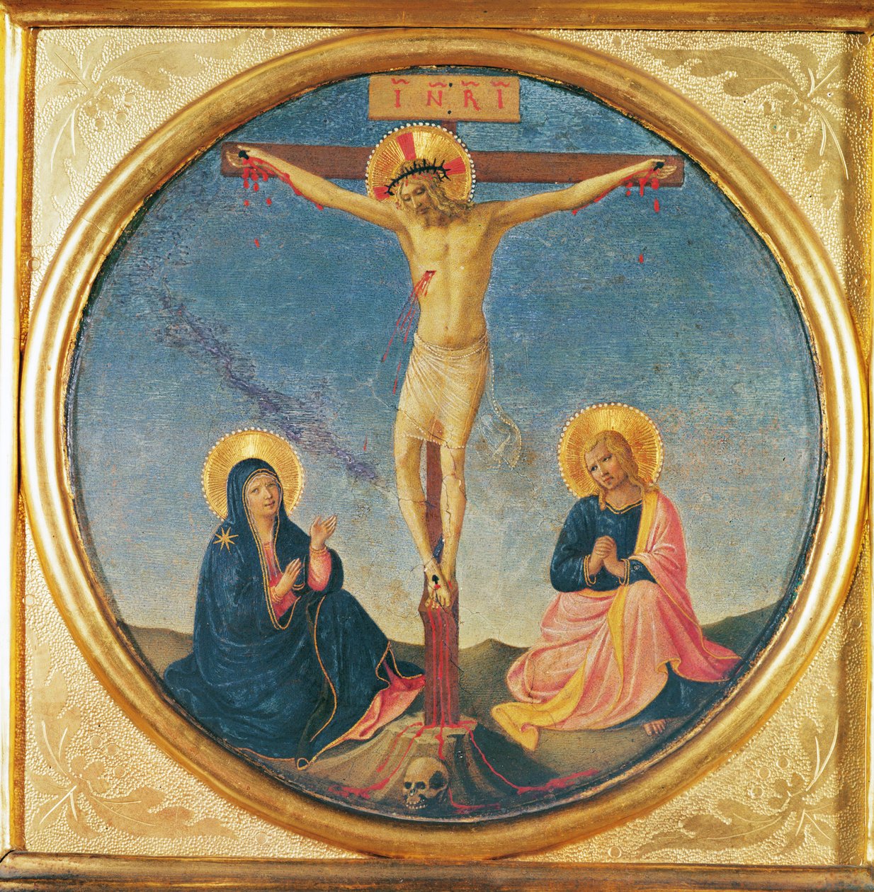 Kristus Neitsyen ja Pyhän Johanneksen välillä tai pieni ristiinnaulitseminen (tondo), n. 1395 (öljy puulle) tekijältä Fra Angelico