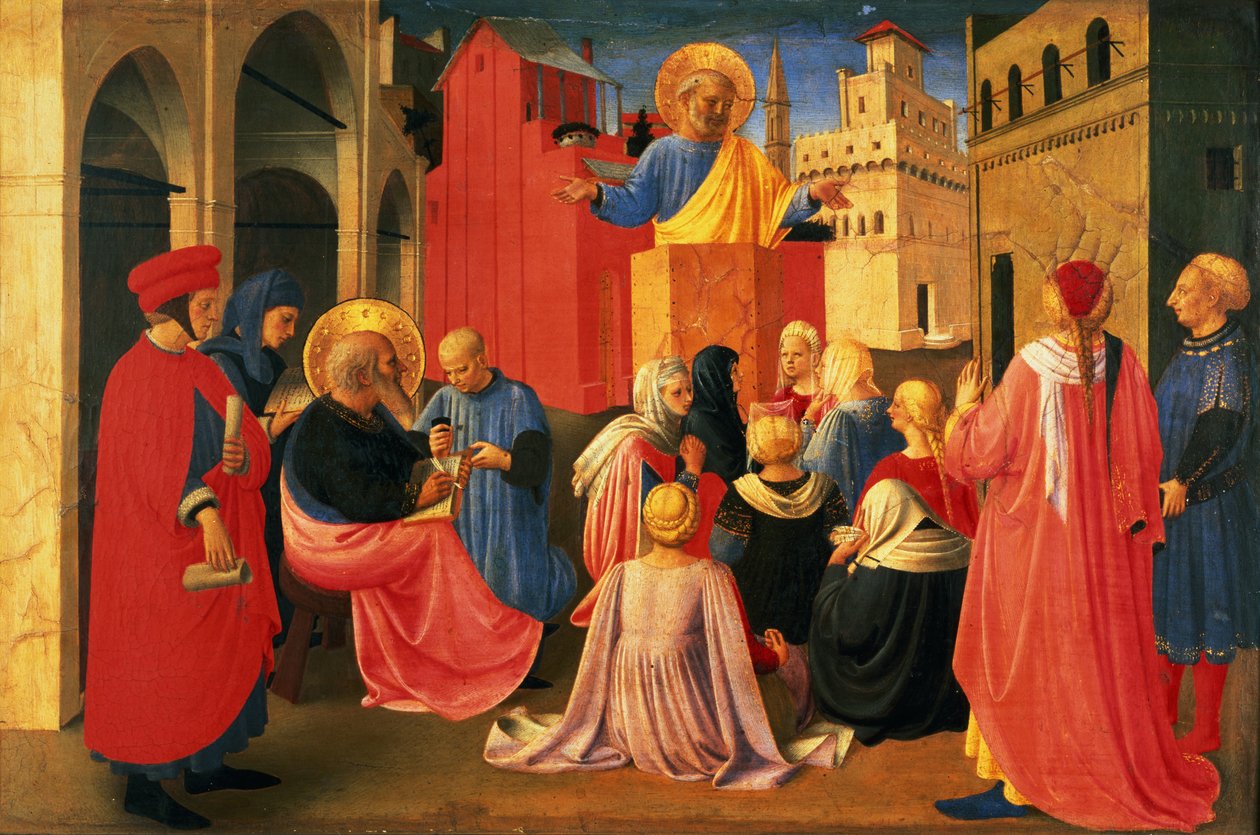 Yksityiskohta Linaiuolin triptyykistä, predella, joka esittää Pyhän Pietarin saarnaa, 1433 (tempera taulussa) tekijältä Fra Angelico