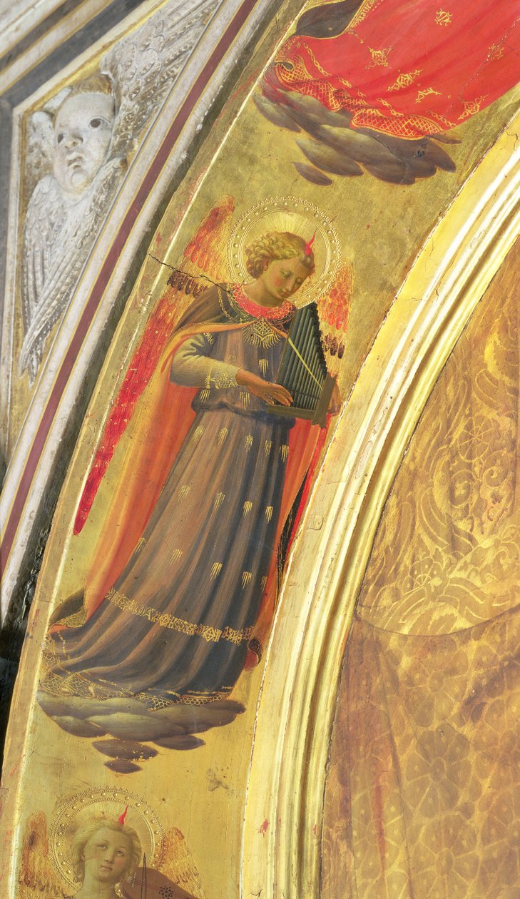 Yksityiskohta Linaivoli Triptyykin sivusta, jossa enkeli pitelee kantavia uruja, 1433 (tempera paneelissa) tekijältä Fra Angelico