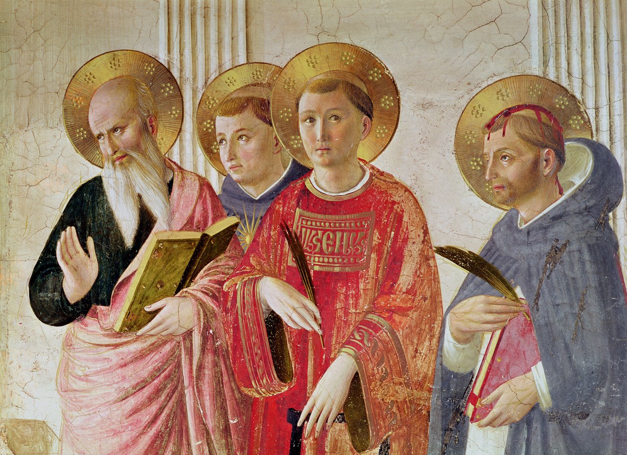 Varjon Madonna, yksityiskohta pyhien Johannes Evankelista, Tuomas Akvinolainen, Lawrence ja Pietari marttyyri, ensimmäisen kerroksen käytävästä tekijältä Fra Angelico