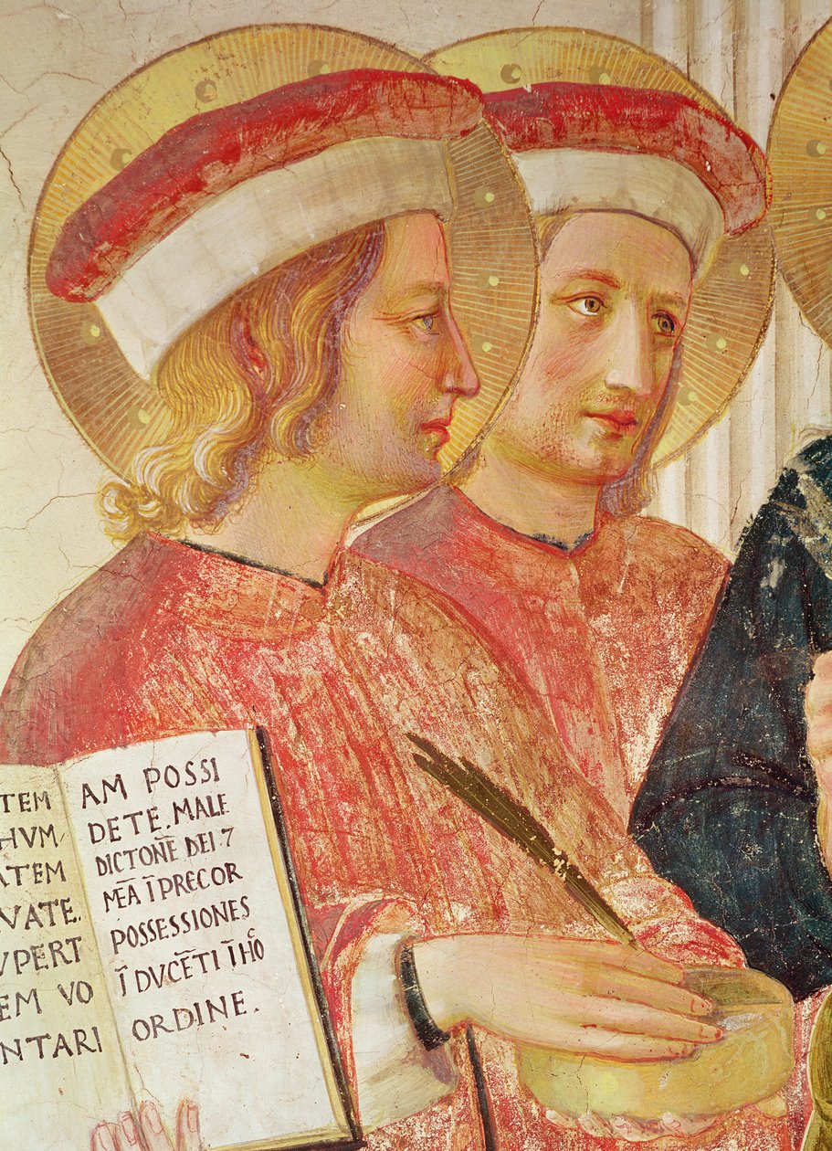 Varjon Madonna tai Neitsyt ja lapsi Pyhän Dominicin, Cosman, Damienin, Markuksen, evankelista Johannes, Tuomas Akvinolaisen, Laurencen ja Pierren marttyyri välillä vasemmalta oikealle Pyhän Kosman yksityiskohdassa tekijältä Fra Angelico