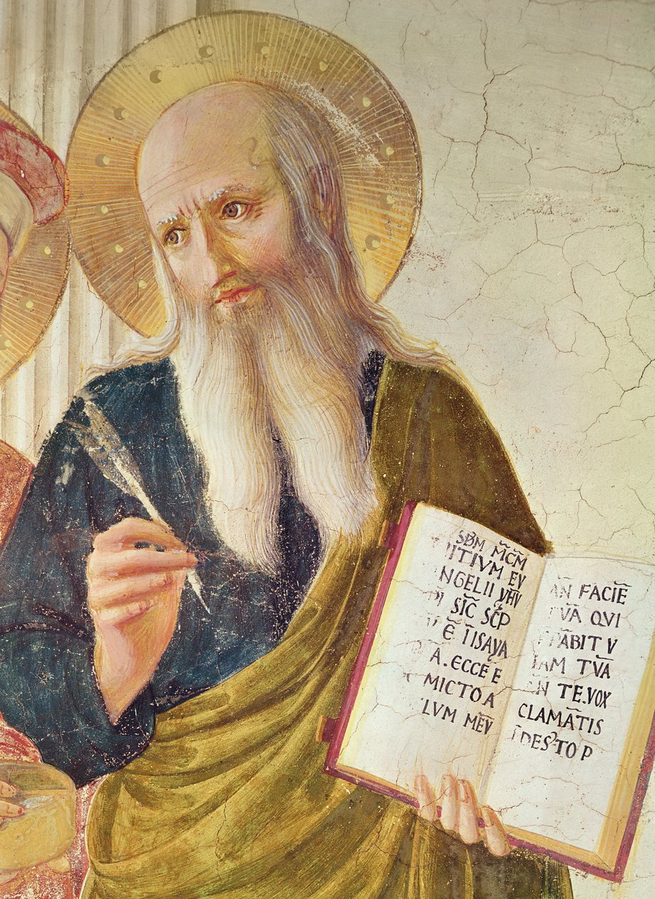 Varjomadonna tai Neitsyt ja lapsi pyhien Dominikuksen, Kosmasin, Damienin, Markuksen, Johannes evankelistan, Akvinolaisen Tuomaksen, Laurentiuksen ja Pierre marttyyrin välissä vasemmalta oikealle Pyhän Markuksen yksityiskohdat fr. tekijältä Fra Angelico
