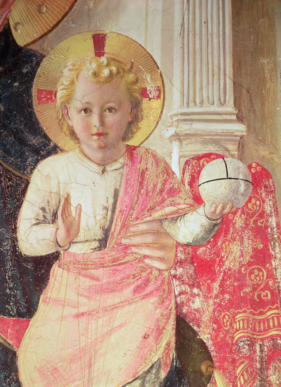 Varjon Madonna tai Neitsyt ja lapsi Pyhän Dominicin, Cosman, Damienin, Markuksen, evankelista Johannes, Tuomas Akvinolaisen, Laurencen ja marttyyri Pierren välillä (vasemmalta oikealle) (vauvan yksityiskohta tekijältä Fra Angelico