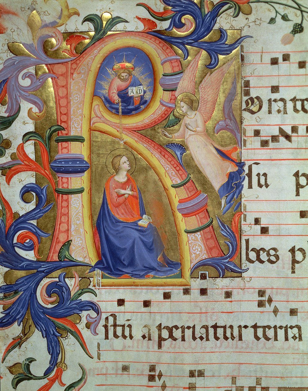 Ms 558 f.33v Ilmestyskirja, joka on kuvattu historiallisella alkukirjaimella "R", yksityiskohta Missaalista, 1430-luvun alussa (katso yksityiskohdat 88933) tekijältä Fra Angelico