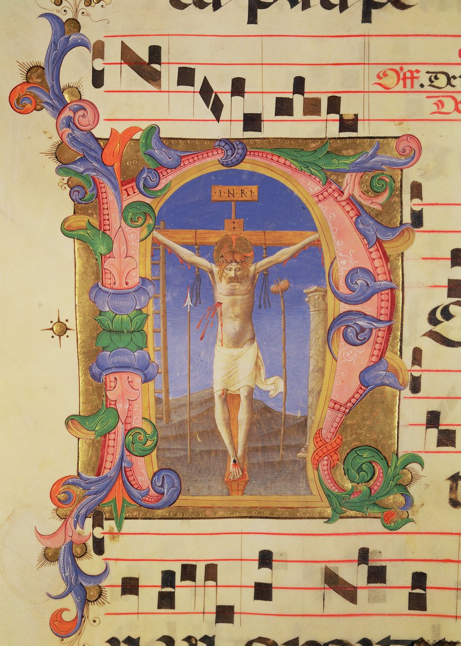 Ms 558 f.45v Ristiinnaulitseminen kuvattuna historiallisella alkukirjaimella "N", yksityiskohta messukirjasta, 1430-luvun alku tekijältä Fra Angelico