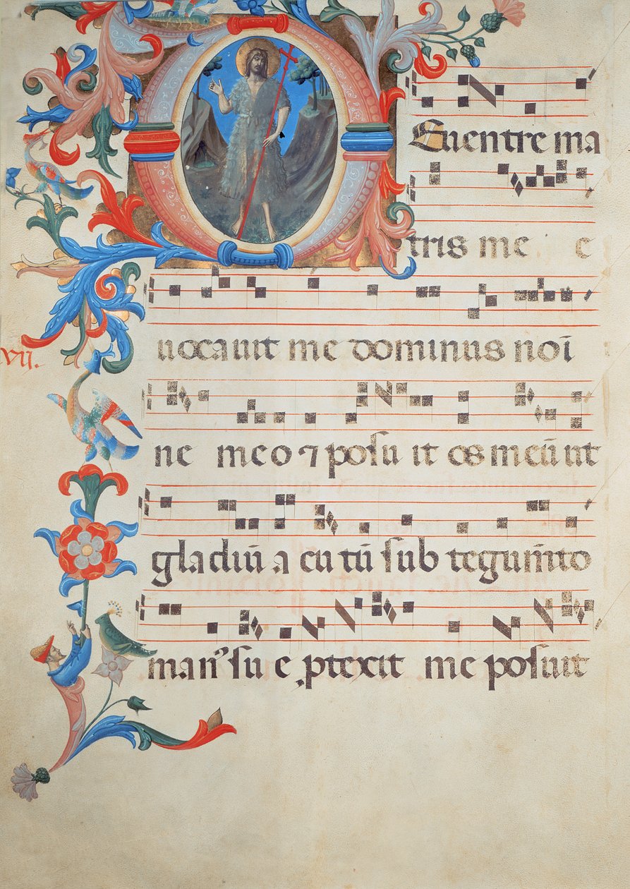 Ms 558 f.55v Kuoron nuotinkirjoitussivu historiallisella alkukirjaimella "O", joka kuvaa Pyhää Johannes Kastajaa, messalista 1430-luvun alussa (katso lisätietoja kohdasta 78834) tekijältä Fra Angelico