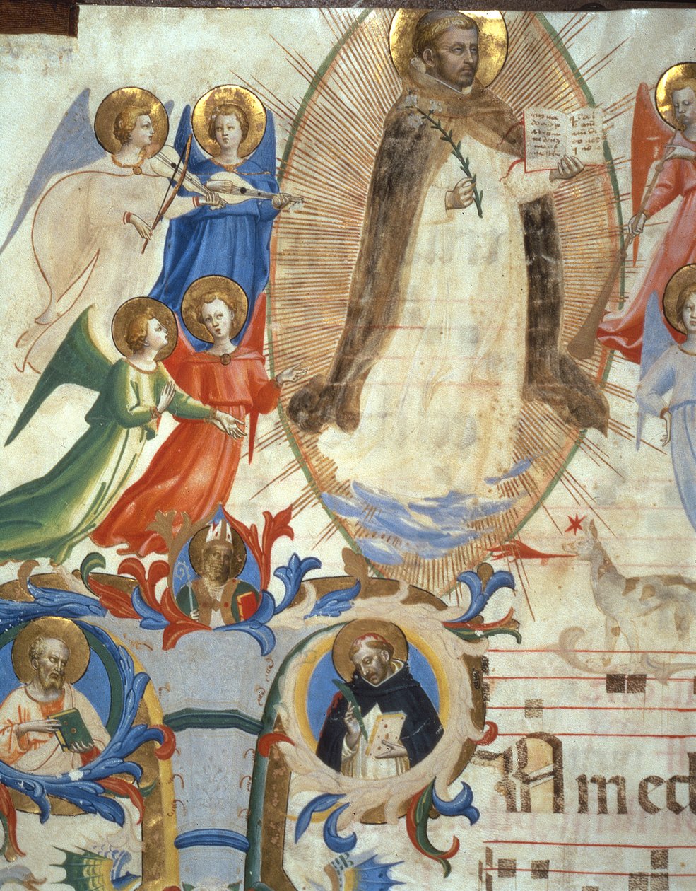 Ms 558 f.67v St. Dominic muusikkoenkelien ympäröimänä, yksityiskohta Missaalista, 1430-luvun alun vellum yksityiskohta numerosta 88937 tekijältä Fra Angelico