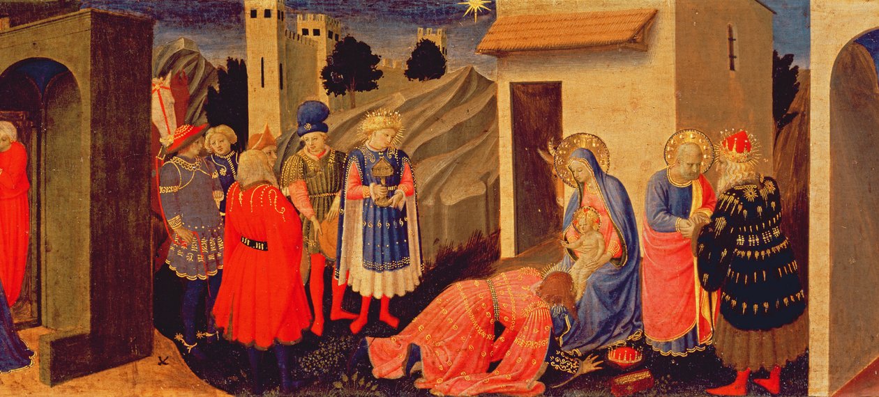 Predella-paneeli Marian ilmestykselle, joka näyttää tietäjien palvonnan tekijältä Fra Angelico
