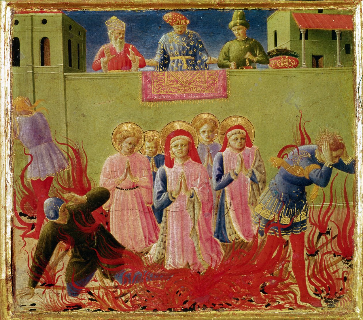 SS. Cosmas ja Damian tuomittu poltettavaksi roviolla, predella Annalena-aiheisesta alttaritaulusta, 1434 (tempera paneelille). tekijältä Fra Angelico