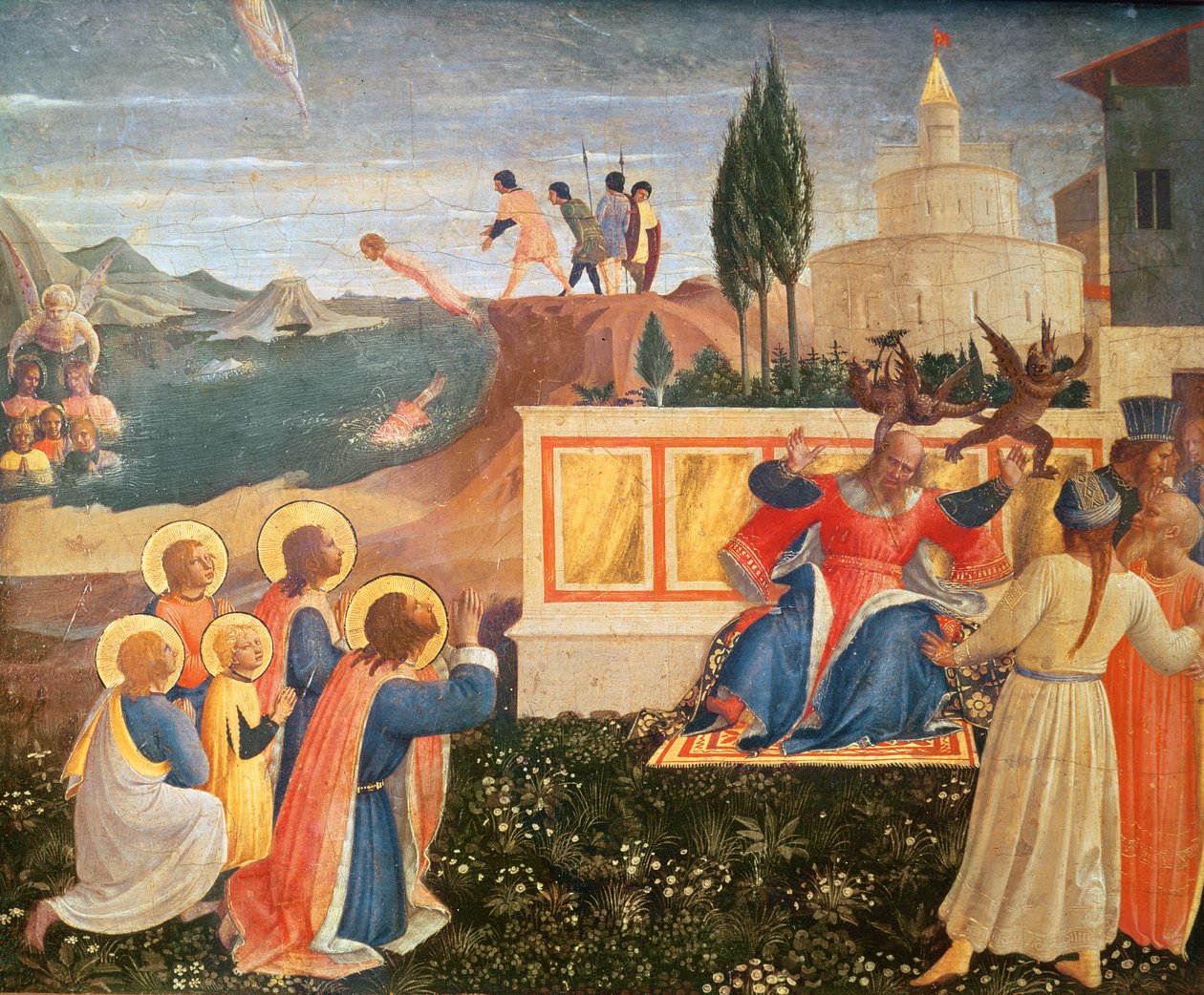 Pyhät Cosmas ja Damian heitetään mereen; demonit pakenevat prokonsuli Lysiaksen suusta, San Marcon alttaritaulun predellasta, 1438-40 (tempera paneelissa) tekijältä Fra Angelico