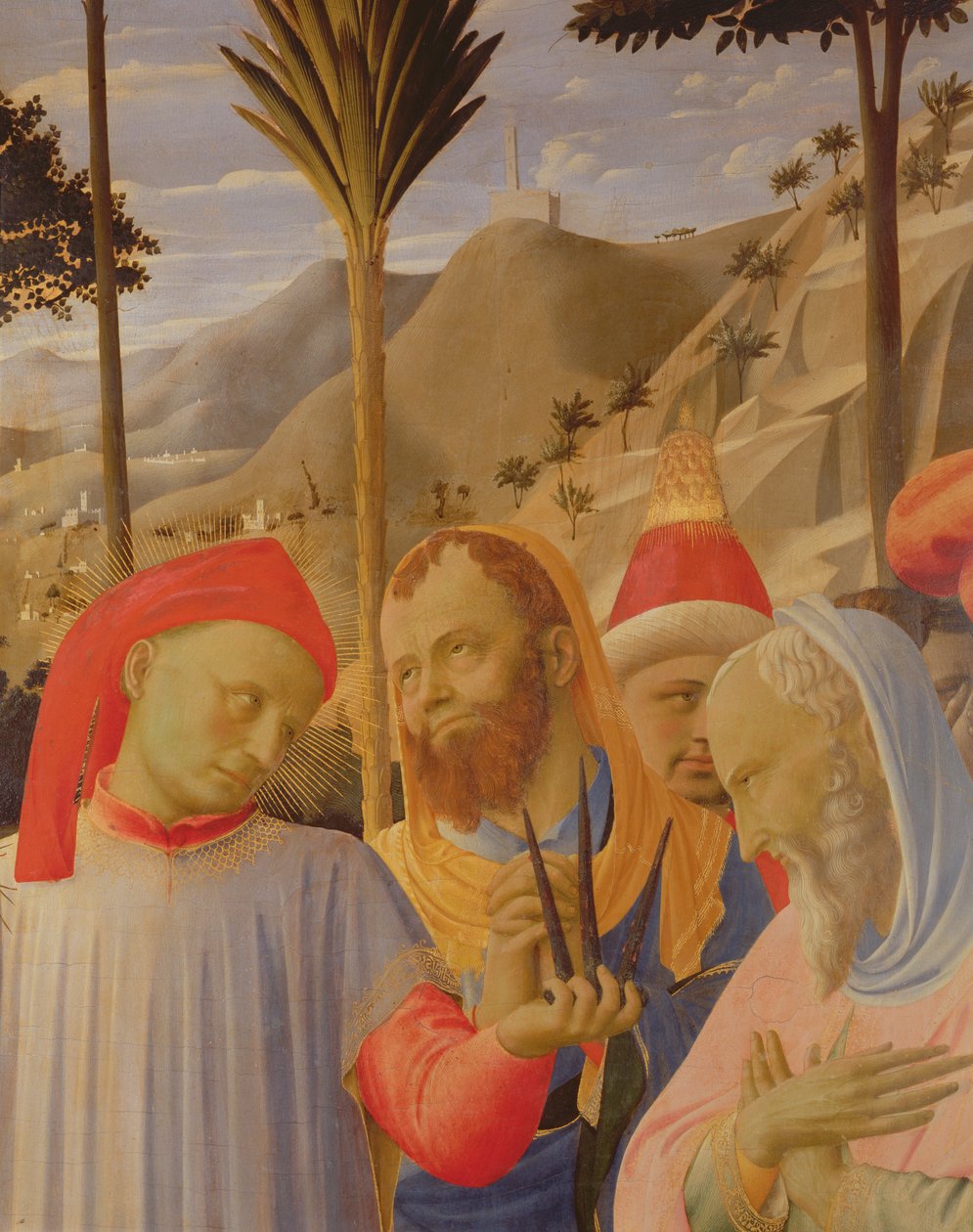 Santa Trinitan alttaritaulu, yksityiskohta miehistä, joihin mahdollisesti kuuluu Nikodemus ja Joosef Arimatialainen, n. 1434 (tempera ja kulta paneelissa) tekijältä Fra Angelico