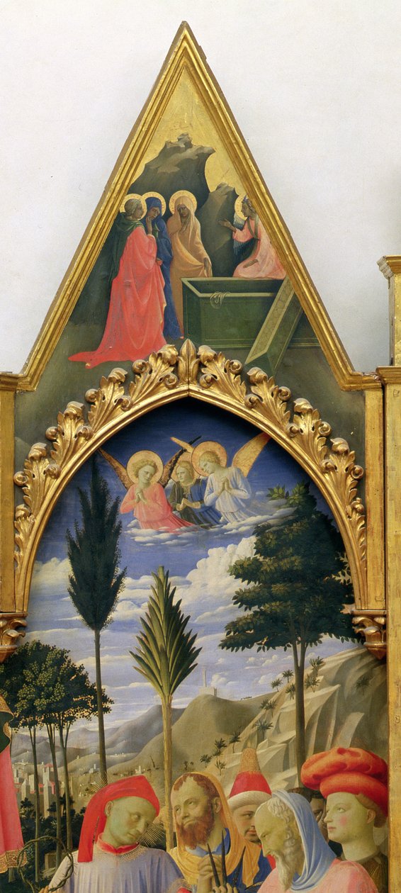 Santa Trinita Alttaritaulu, kehys ja huiput Lorenzo Monaco Piero di Giovanni n.1370-1425 valmistui n.1434 tempera ja kulta paneelille yksityiskohta 43967:stä. tekijältä Fra Angelico