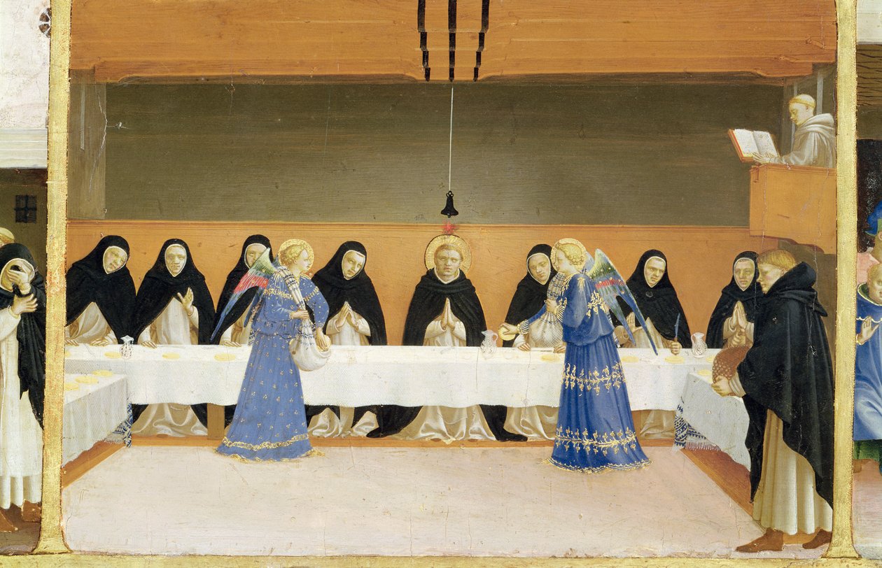 St. Dominic ja hänen seuralaisensa ruokkimat enkelit, Neitsyen kruunaamisen predella-paneelista, n. 1430-1432 (tempera paneelissa) tekijältä Fra Angelico