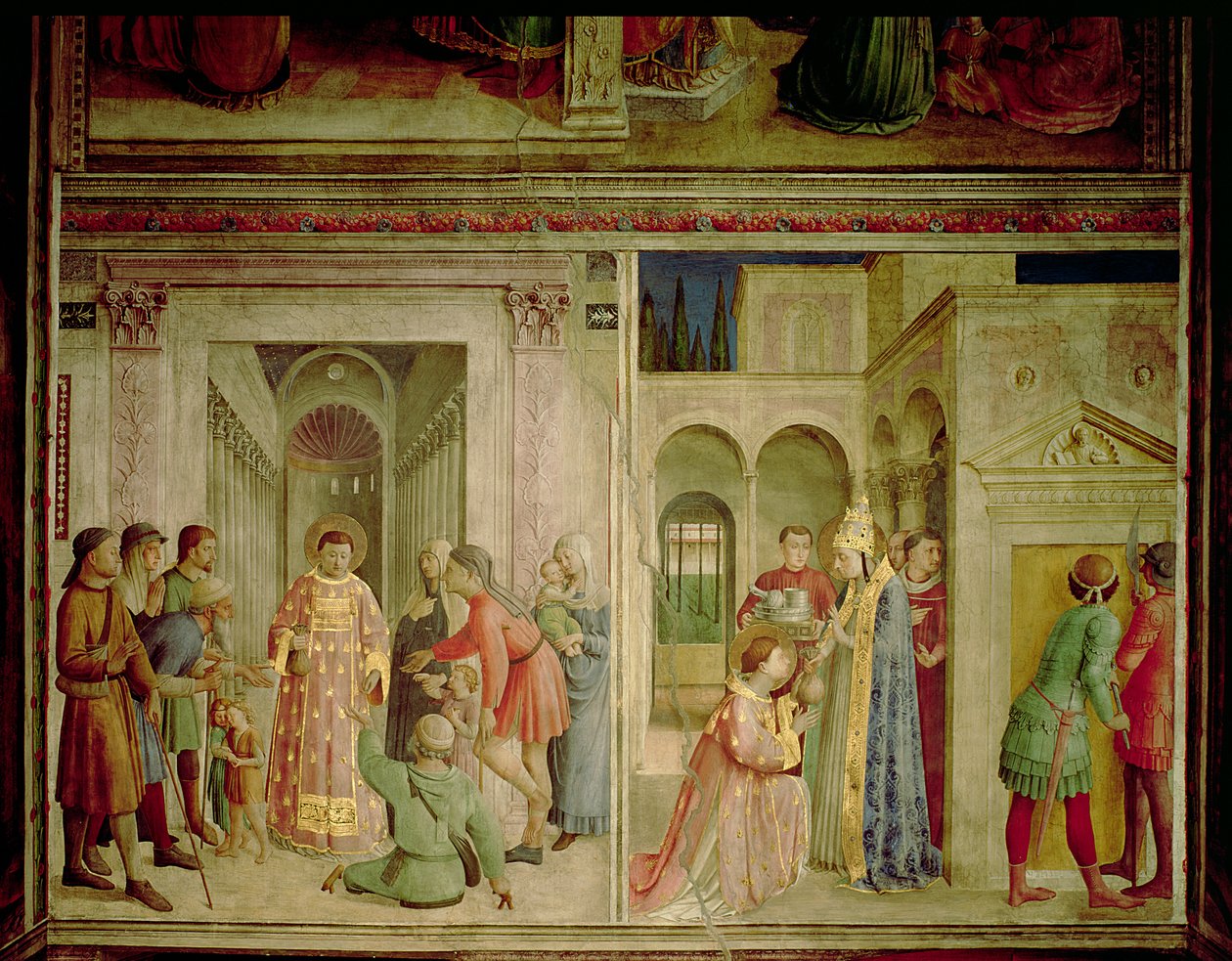 St. Lawrence vastaanottaa kirkon aarteita ja St. Lawrence jakaa almuja tekijältä Fra Angelico